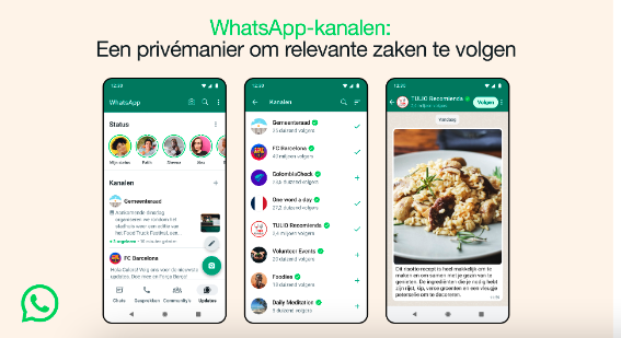 De afbeelding toont drie smartphones 
met de WhatsApp-interface die de 
nieuwe 'WhatsApp-kanalen' functie 
demonstreert voor het volgen van
 gespecialiseerde inhoud in het 
Nederlands