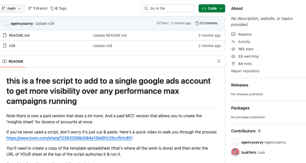 Github pagina voor Google ads performance max script 